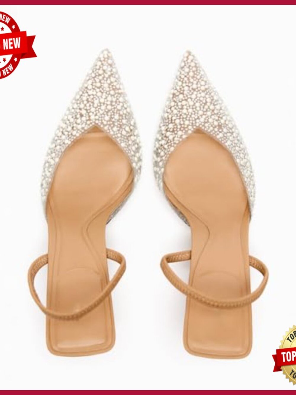 Pearl Studded Clear Slingback Heels Pointed Toe Kitten Mid Heels Wedding Party - Picture 6 of 7